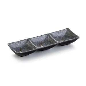 Hot selling black 10.5 inch long 3 compartment melamine serving dish for appetizer