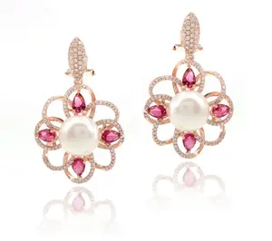 Earn money online more popular fashion 925 silver flower big pearl earring for women 925 silver earrings flower earrings