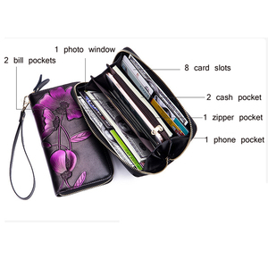Portafoglio da donna in vera pelle RFID con chiusura a cerniera con nuovo modello di fiore borsa per telefono <span class=keywords><strong>cellulare</strong></span> dipinta a mano lunga borsa pochette - Product Image 4