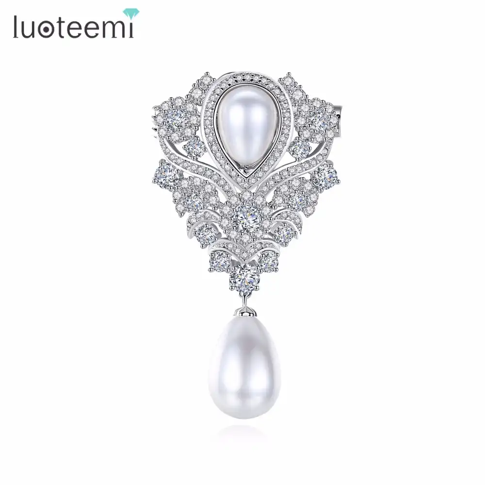 LUOTEEMI The Latest Design Elegant Clear CZ Crystal Flower Shape Brooches With Double Pearls Jewelry For Women Party Gift