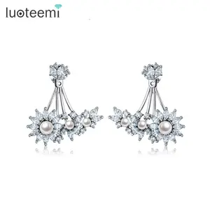 LUOTEEMI Wholesale Women Classic Rhodium Plated White Pearl CZ Crystal Flower Double Sided Jackets <strong>Ear</strong> <strong>Cuff</strong> <strong>Earrings</strong> - Product Image 1