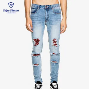 Snow Washed Denim Standard 5 Pockets Mens Skinny Ripped Jeans With Patches