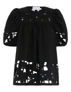 Black Floral Embroidered Top Flat Gathered Linen Blouse for Female