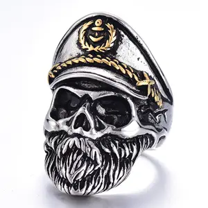 Cincin Hiphop Pria, Perhiasan Tangan Pasukan Punk Tengkorak Navy Captain Perhiasan untuk Pria