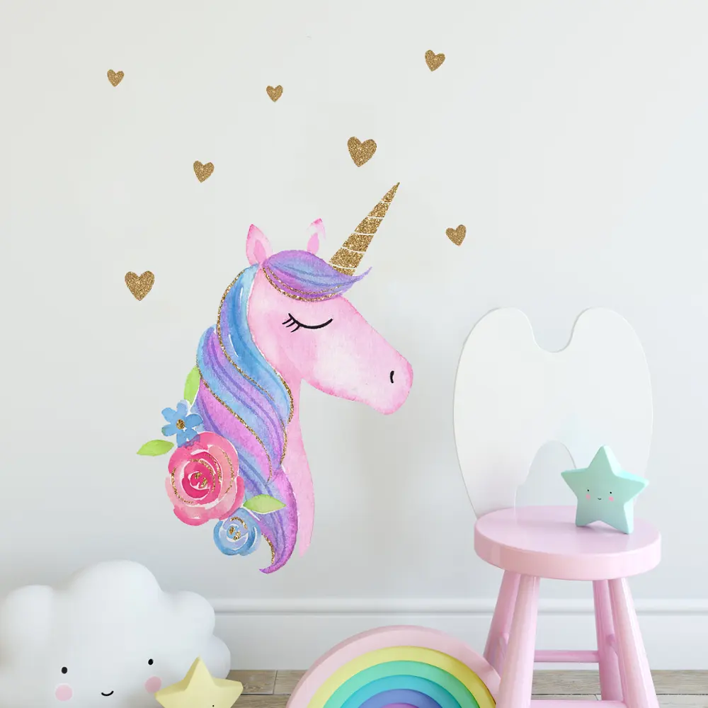 New Design Glitter Unicorn Carton PVC Peel and Stick Wall Decals Stickers for Kids Nursery Wall Art Room Decor