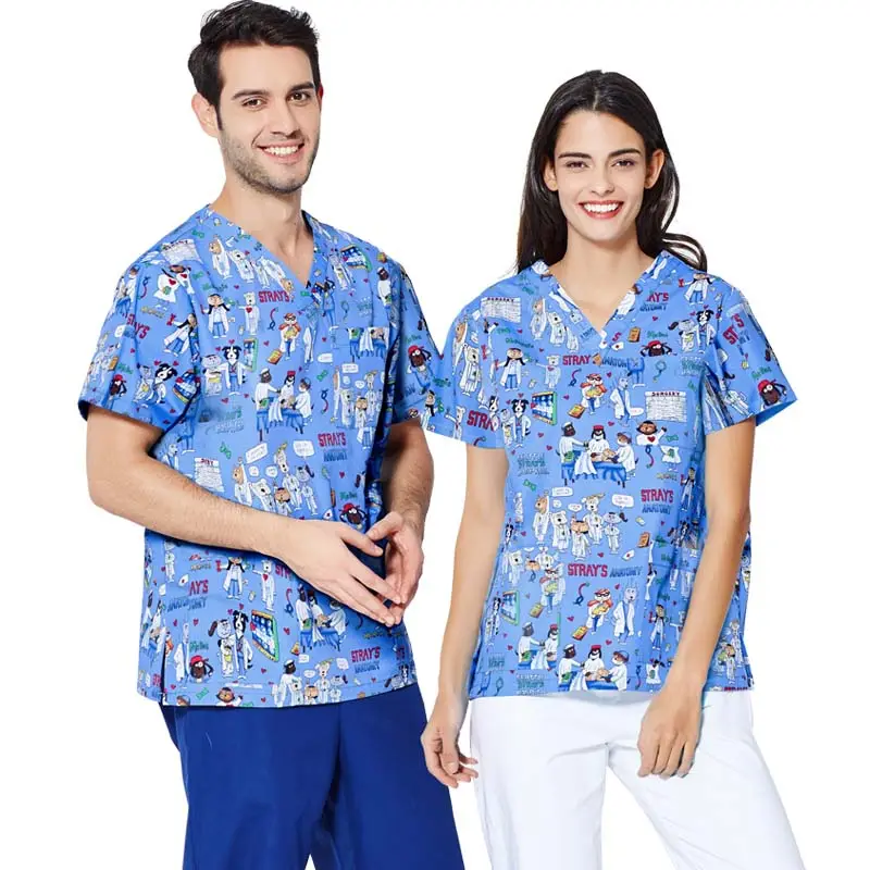 Fabriek Goedkope Ziekenhuis Uniform Print Scrubs Verpleegster Kleding Met Comfortabele Stof Materiaal Unisex 65% Polyester 35% Katoen