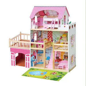 2021 Top fashion three floors wooden big dollhouse toys with lights, garage and yard W06A333C