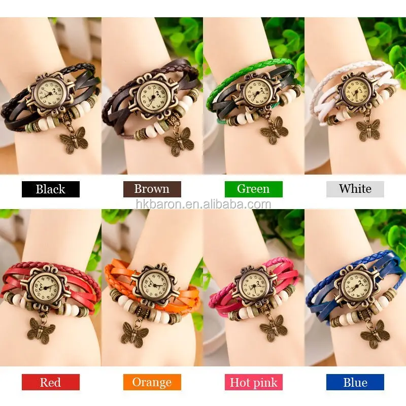 Free shipping 2015 Original High Quality Women Genuine Leather Vintage Watches,Bracelet Wristwatches Butterfly Tower Pendant