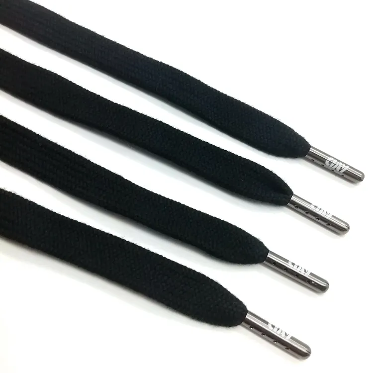 Custom wholesale braided printed logo cords flat hoodie drawstrings with metal ends