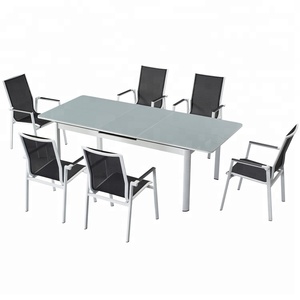Moderno lusso nero 9 pezzi Patio ristorante Set mobili <span class=keywords><strong>giardino</strong></span> esterno portico <span class=keywords><strong>tavolo</strong></span> in <span class=keywords><strong>alluminio</strong></span> e sedie 8 posti
