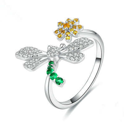 Tinh tế Rhinestone Côn Trùng Đồ Trang Sức Giá Rẻ 925 Sterling Silver Bạc Chuồn Chuồn Vòng Mở
