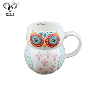 Funny Owl shape ceramic coffee mug with wooden lid and spoon tea cup