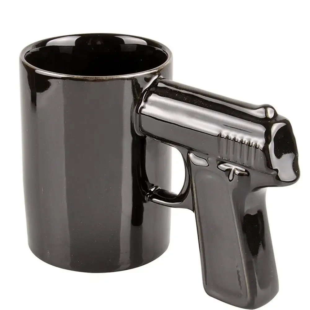 Creativa negro 330ml revólver forma pistola taza de café de cerámica con chapado de metal manejar