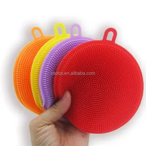 Hot sale newly anti-bacterial round silicone sponge kitchen clean brush silicone dish scrub for dishwashing