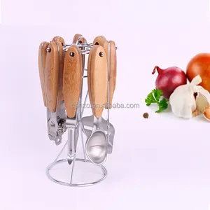 Gadgets de cuisine en acier inoxydable, ensemble d'outils avec manche en bambou, outils pour fruits et légumes, vente en gros