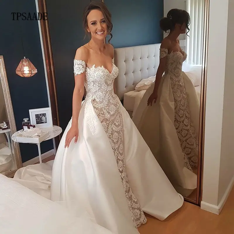 פשוט תחרה בד מתוקה צוואר שמלות כלה להסרה אפליקציות סאטן רכבת חתונת שמלת Vestido דה novia האחרון 2020