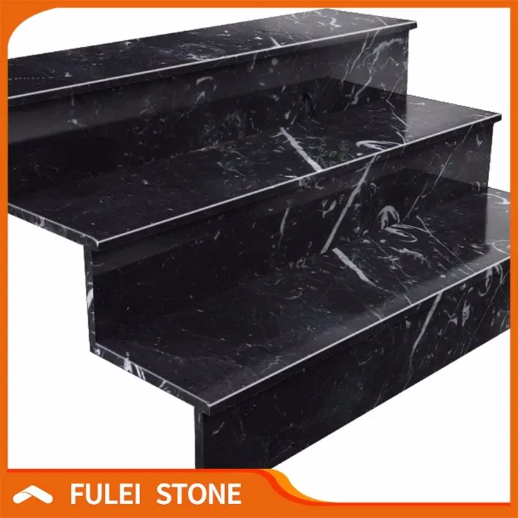 Modern black nero marquina marble stair step treads and risers