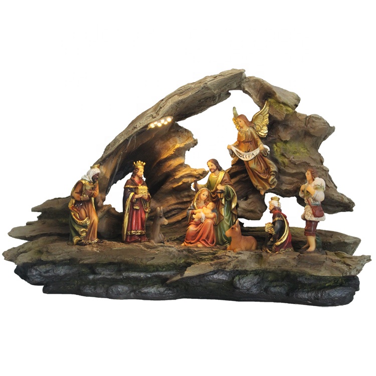 En gros traditionnel Vintage Blanc Chaud Led de Noël en résine Table Pièce Nativité ensemble