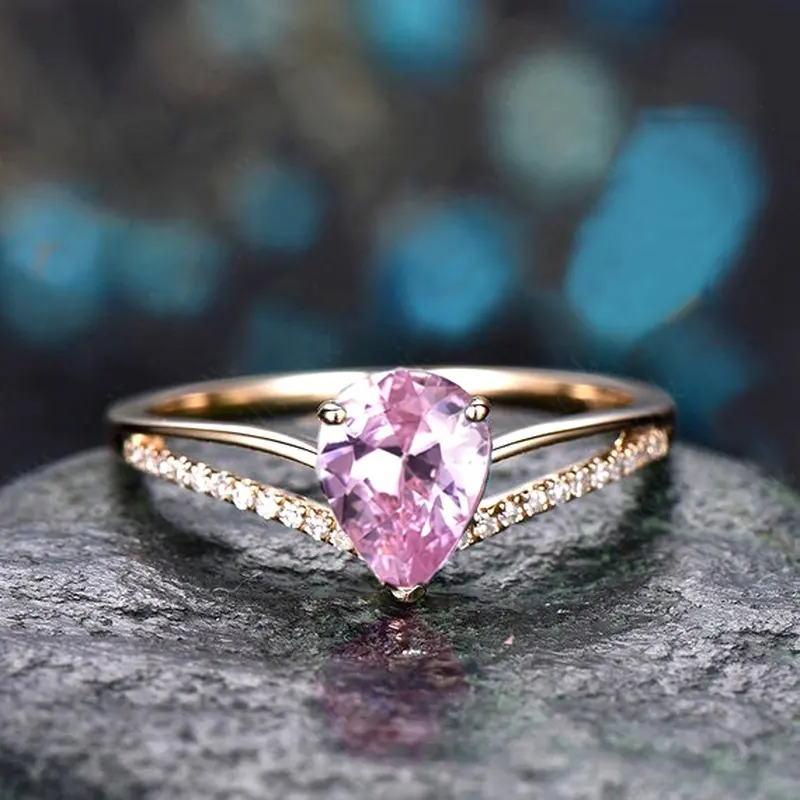 CAOSHI Pear Pink 2019 Hàng Mới Về 14K Trang Sức Mạ Vàng Hồng Đính Hôn Nhẫn Morganite Vàng Hồng