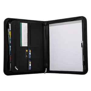 Portfolio Case PU Leather Resume & Document Organizer With Tablet Sleeve Zipper Premium Paper Pad Black