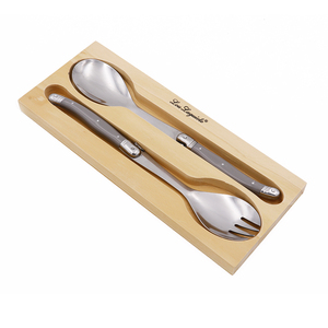 Juego de cubiertos de diseño clásico, Set de 2 piezas de tenedor y cuchara para ensalada Laguiole con mango de ABS en bandeja de pino