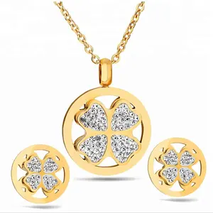 Tốt Nhất Ngày Valentine Quà Tặng Mạ Vàng 316L Thép Không Gỉ Pendant Necklace Earring Set Với Clover Thiết Kế Trang Sức DES143