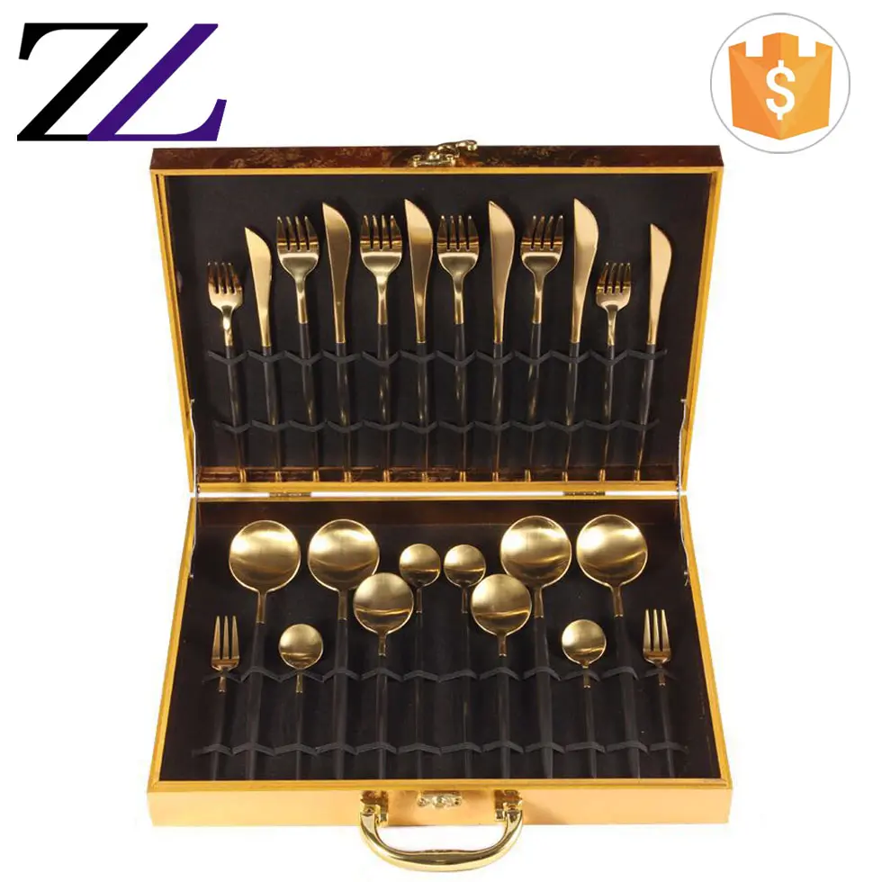 Banquet royal tableware restaurant black handle gold head spoons forks knives stainless steel 24pcs cutlery sets