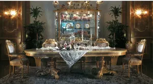 Luxury Bisini Dining Room Furniture, European Style Royal Formal Dining Table Set, Wooden Carved Floral Design Dining Furniture