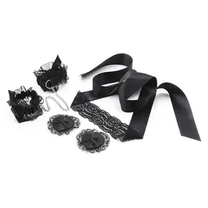 Black Women Sexy Lace Three-piece Blindfold Handcuffs Nipple Petals Set Bondage Adult Sex Toys for Couples