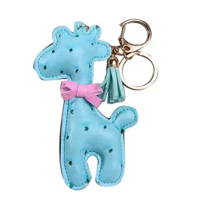 Korean Blue luxury leather bag charm tassel giraffe animal keychain for promotional giveaways