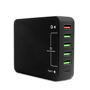 60W Portable Multi Travel Power Adapter Charger Wall Charging Station 6 Port Usb Type C For Mobile Phone