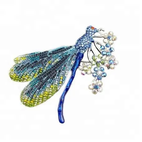 Wholesale 3.55" Blue Enamel Crystal Rhinestone Dragonfly Flower Brooch Pins Larger Insect Brooches Pins