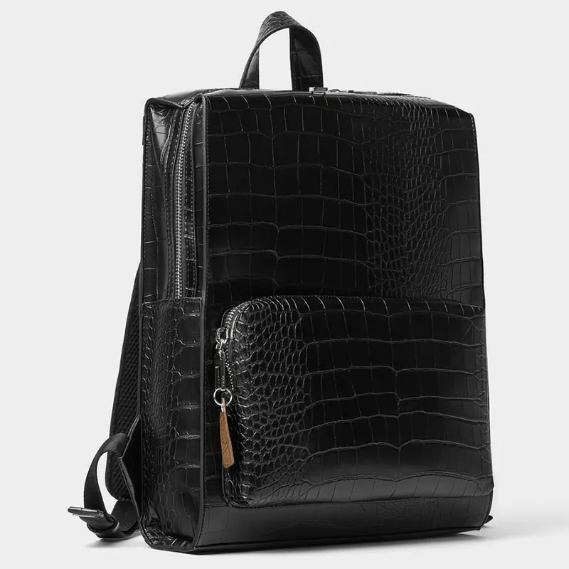 custom black alligator pu leather waterproof laptop backpack men travel school bags