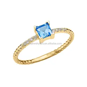 Anillos de Topacio azul natural, anillo cuadrado de diamante de Topacio azul con diamante natural
