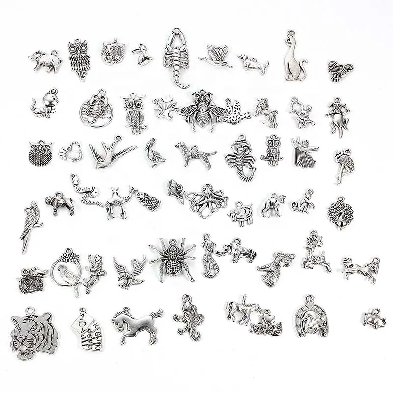 Pendentifs en forme d'animaux pour la fabrication de bijoux, 50 pièces, pendentifs ethniques, couleurs argent, Antique, pour Bracelet, collier, accessoires, DIY, bricolage