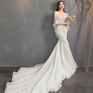 LSQDSH002 elegant ivory wedding gown beaded long train bride wedding dresses 2019 best seller