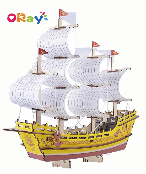 Wooden crafts educational custom printing 3d boat jigsaw puzzle diy decoration children's gift sailing ship model assembly toys