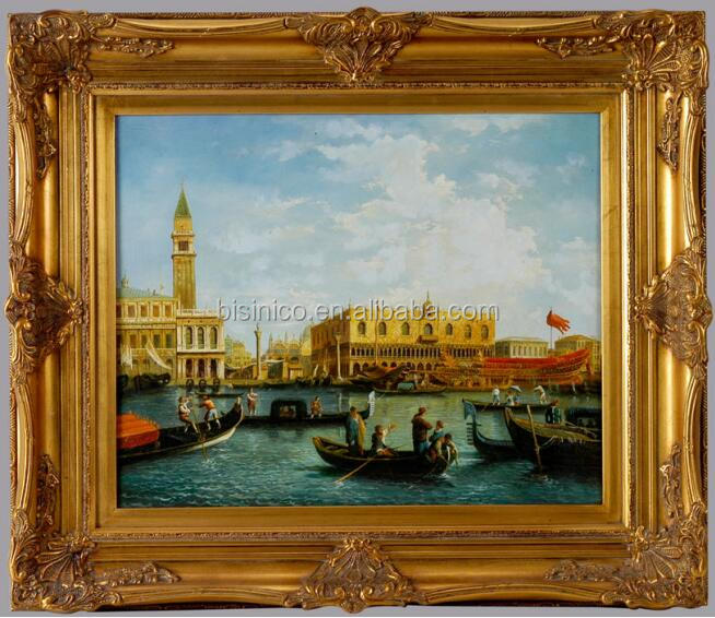 Cuadro de pintura enmarcado dorado de paisaje marino de diseño de lujo, pintura al óleo de talla de madera con marco