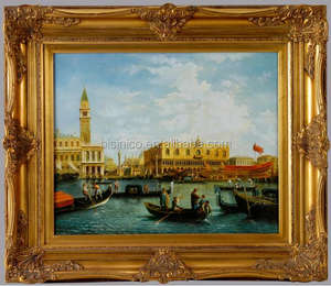 Cuadro de pintura enmarcado dorado de paisaje marino de diseño de lujo, pintura al óleo de talla de madera con marco - Product Image 1