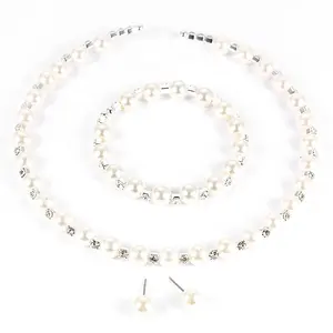 3 Buah/Set Perhiasan Elegan Pengantin, Set Perhiasan Elegan untuk Wanita, Anting Kancing, Kalung Choker Mutiara, Aksesori Pernikahan Wanita