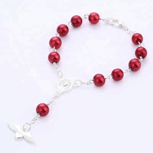 Braccialetto rosario religioso rosa imitazione perle di vetro all'ingrosso, <span class=keywords><strong>bracciale</strong></span> catodico <span class=keywords><strong>con</strong></span> centrotavola maria e ala d'<span class=keywords><strong>angelo</strong></span> - Product Image 2