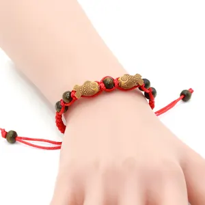 Rojo cordón cadena doble de madera peces suerte chino buenos deseos trenzado pulsera hecha a mano