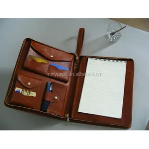 Fashion brown zip padfolios case for businessmen genuine leather pad portfolios fashion gifts for university students