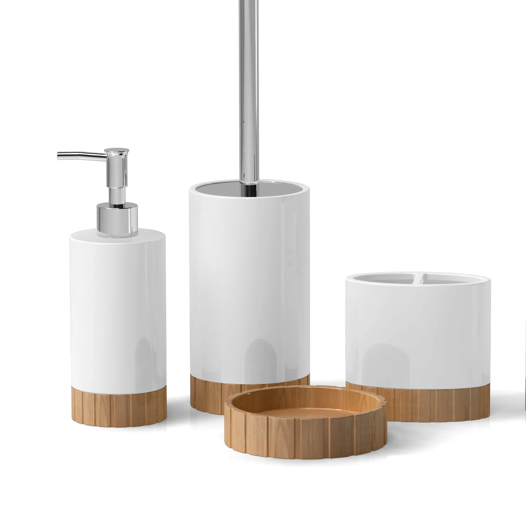 Juego de baño de cerámica ecológico con accesorios de baño de madera incluye soporte de cepillo de dientes diseñado OEM para uso doméstico