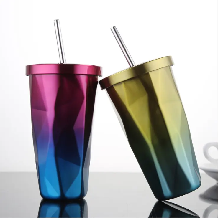 High Quality 500ml Double Wall Stainless Steel Coffee Cup with Straw Eco-Friendly Insulated Tumbler Mugs