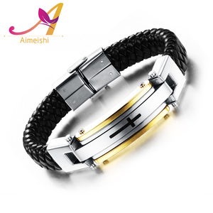 Popular hombres deportivos Cruz <span class=keywords><strong>del</strong></span> acero inoxidable <span class=keywords><strong>del</strong></span> diseño encanto trenzado pulsera hecha a mano de cuero genuino - Product Image 1