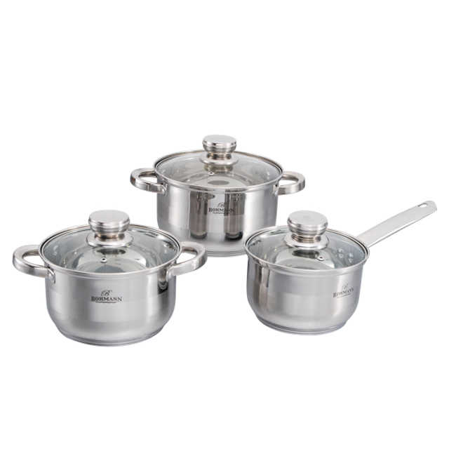 Kinox 6pc Nonstick Cookware Set Polished Metal Glass Pots with Stainless Steel Handles Eco-Friendly Home Kitchen Use Custom Logo
