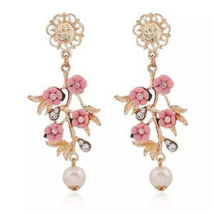 18 K oro colorida resina cristal colgante pendiente árbol flor rosa perla <span class=keywords><strong>de</strong></span> <span class=keywords><strong>agua</strong></span> dulce del perno prisionero - Product Image 1
