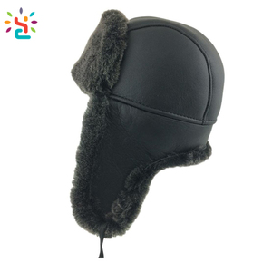 Sombrero de Aviador de <span class=keywords><strong>Cuero</strong></span> Artificial al por Mayor, Sombrero de Piel de Oveja, Ushanka Rusa, Sombrero de Invierno con Peluche - Product Image 1