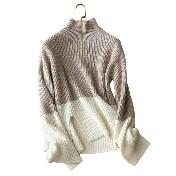 The new contrast stitching long sleeved turtle neck 100%cashmere sweater christmas pullover sweater